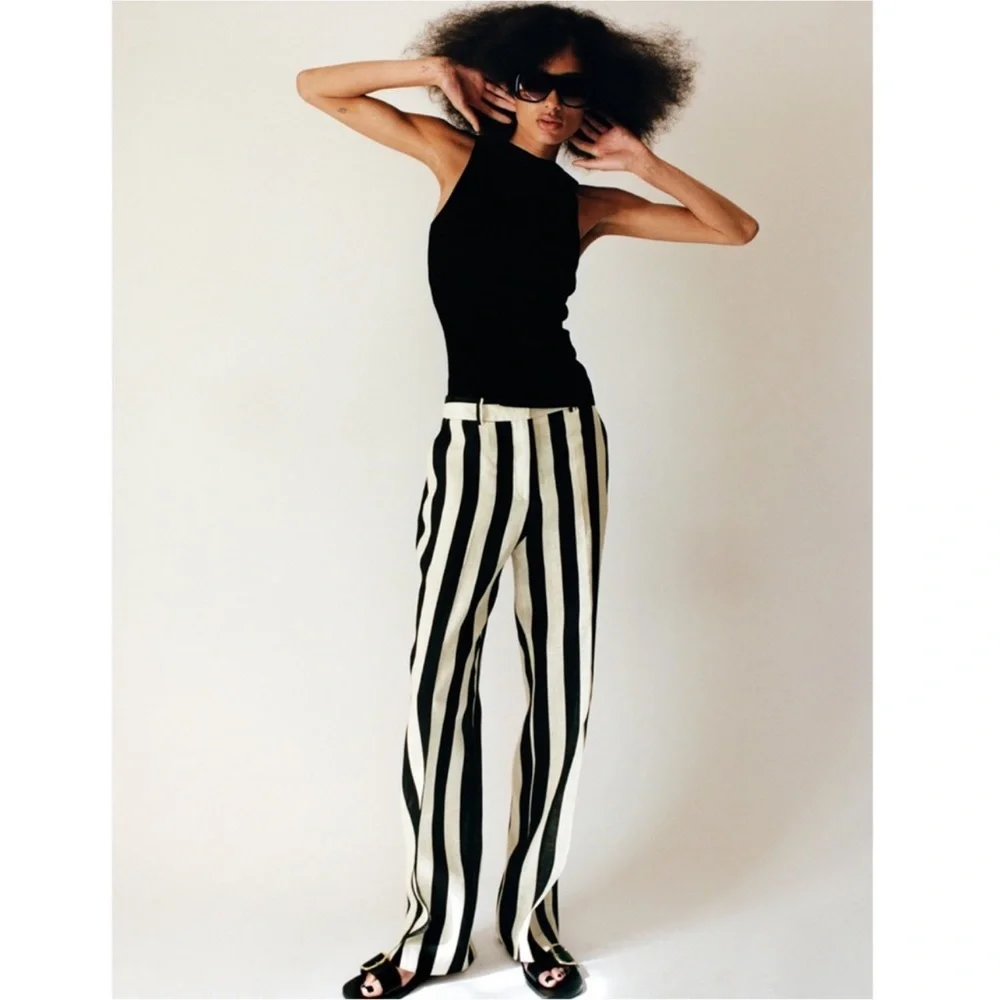 ZARA STRIPED STRAIGHT LEG LINEN PANTS